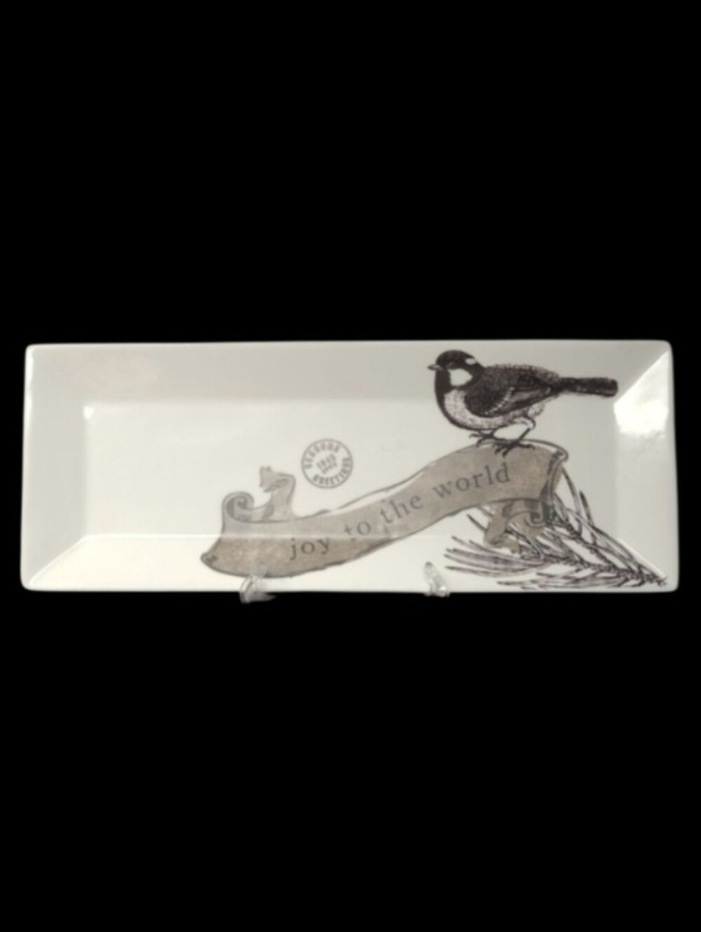 St. Nicholas Square White Rectangular Plate W/ A Bird &'Joy To The World' Design